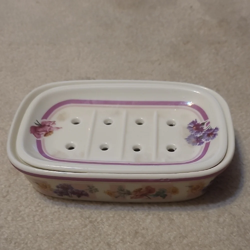 Laura Ashley Floral Ceramic Bath Set - 2 Piece Soap Dish & Toothbrush Holder